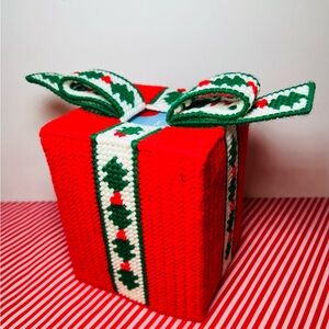 Vintage Needlepoint on Plastic Canvas Tissue Box Cover Christmas Present Bow